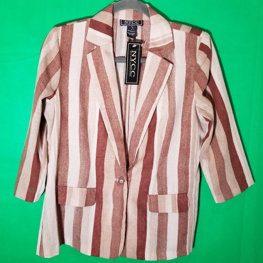 New York Clothing Company Small Brown Striped 3/4 Sleeve Blazer NWT